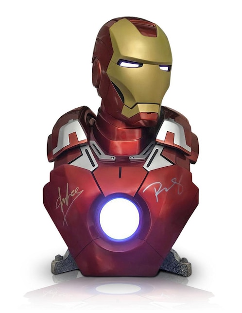 Autógrafos de Robert Downey Jr. y Stan Lee Logos Rockers Autographs Busto Iron Man rojo