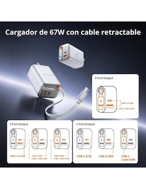 Cargador pared Mcdodo de 67 w usb + usb tipo c GaN 3 en 1