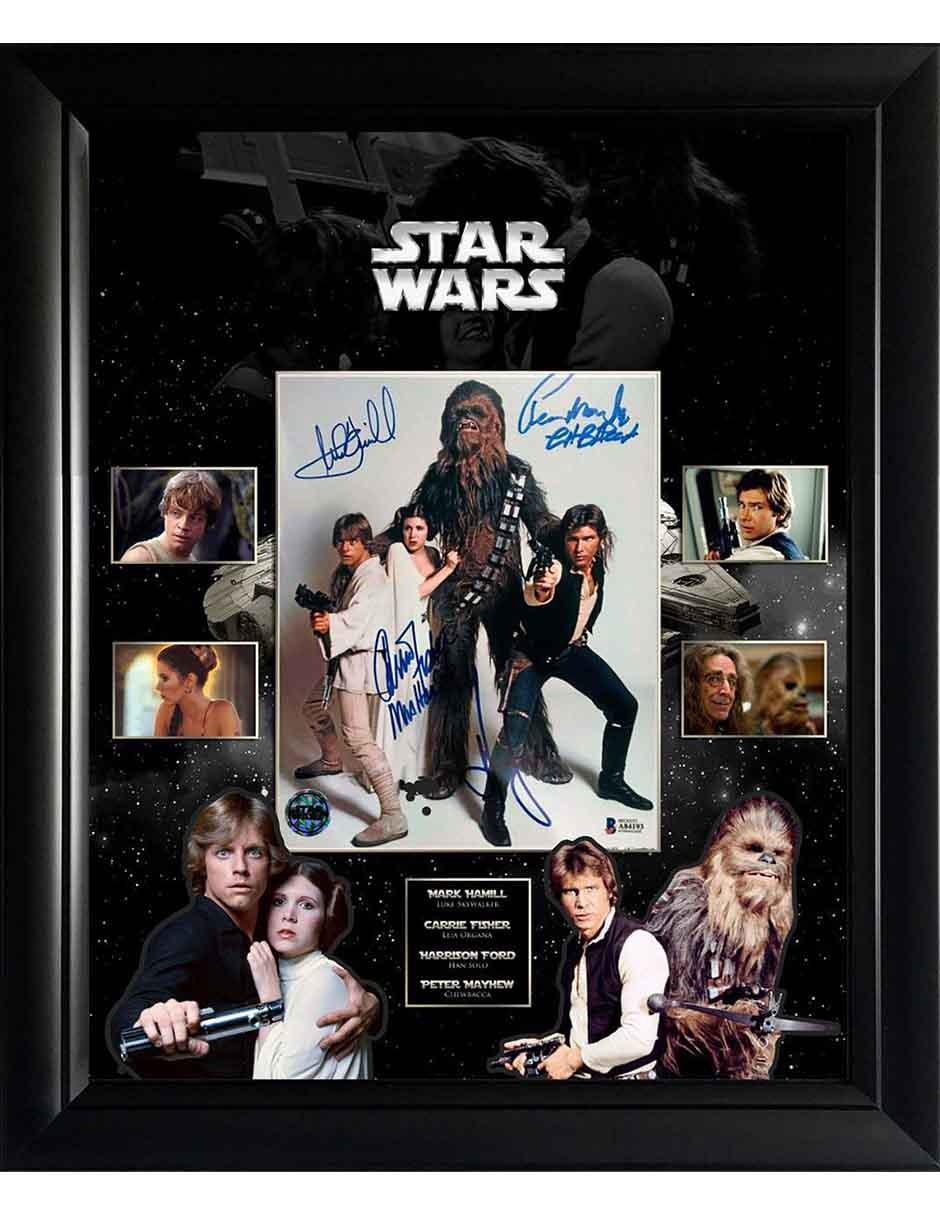 Autógrafos Harrison Ford, Mark Hamill, Peter Mayhew y Carrie Fisher Star Wars LP 1