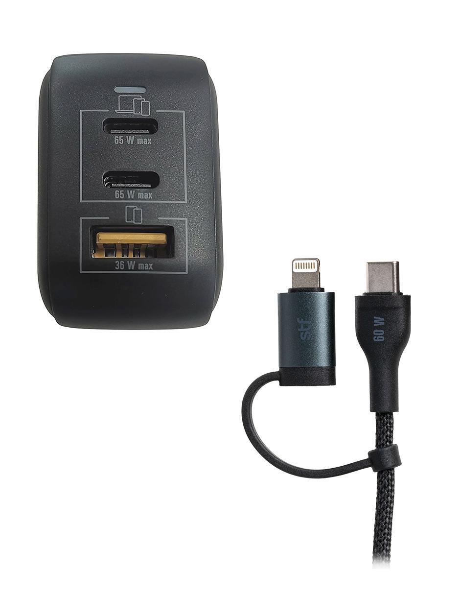 Cargador pared de 65 W USB + USB tipo C Gan 65W Carga Rápida 1.8m 2