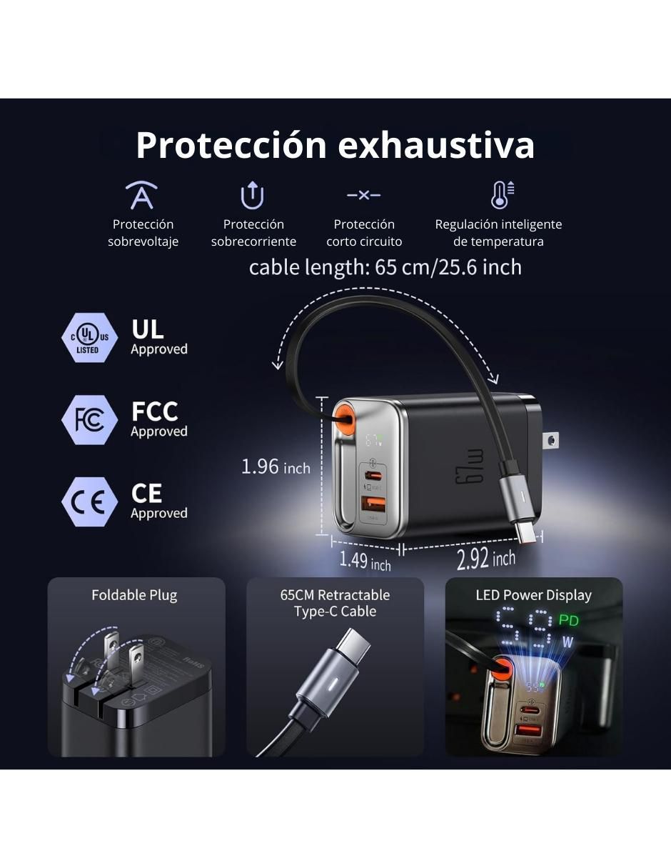 Cargador pared de 67 w usb + usb tipo c GaN 3 en 1 4