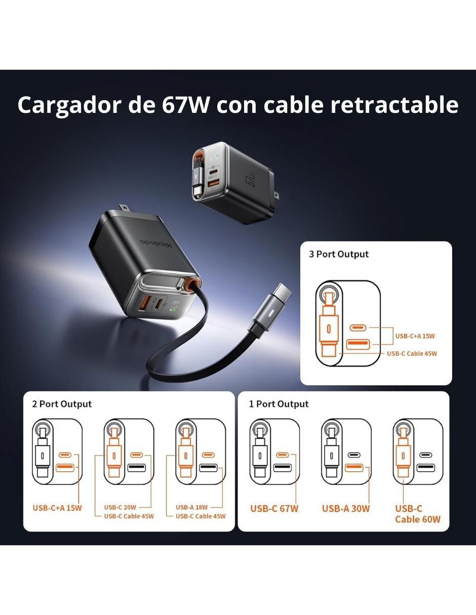 Cargador pared de 67 w usb + usb tipo c GaN 3 en 1 6