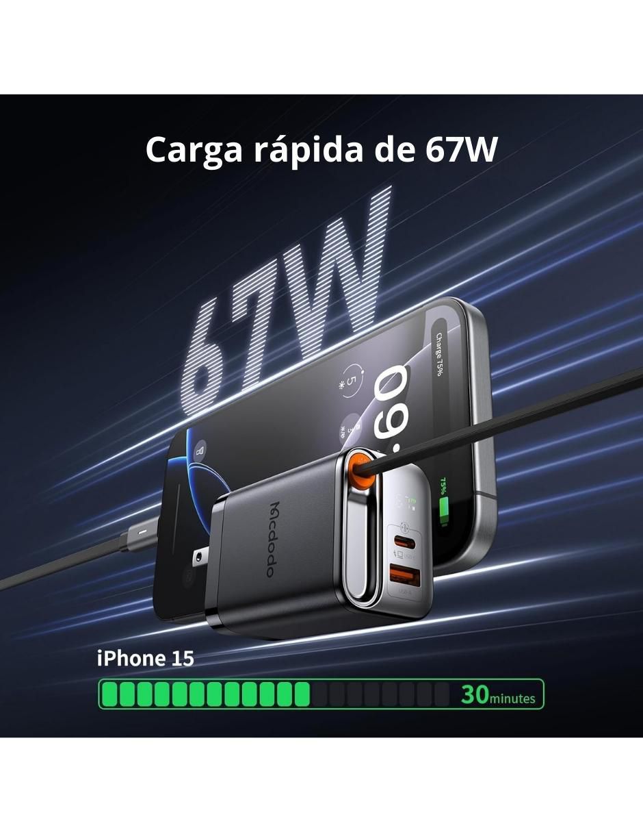 Cargador pared de 67 w usb + usb tipo c GaN 3 en 1 8